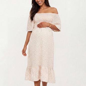Women's Maternity Floral Square Neck Midi Dress with Smocked Bodice and Flutter Sleeves