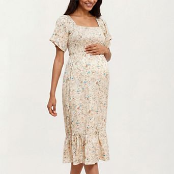 Women's Maternity Floral Square Neck Midi Dress with Smocked Bodice and Flutter Sleeves