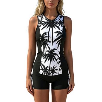 Women's Tropical Print Sleeveless Zipper Two-Piece Athletic Tankini Swimsuit