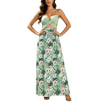 Women's Tropical Print 3 pc Wrap Bikini Swimsuit with Maxi Cover Up Skirt