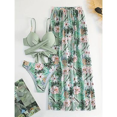 Women's Tropical Print 3-Piece Wrap Bikini Swimsuit with Maxi Cover Up Skirt
