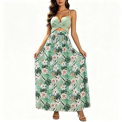 Women's Tropical Print 3-Piece Wrap Bikini Swimsuit with Maxi Cover Up Skirt