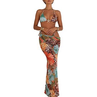Women's Tropical Animal Print 3 pc Bikini Set with Starfish Accent & Maxi Skirt