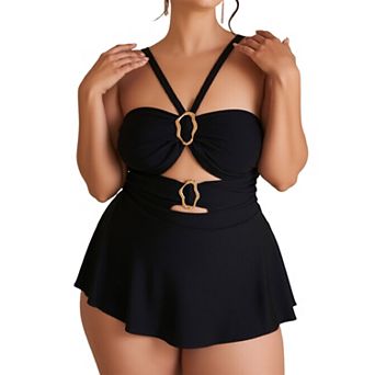 Women Halter Cutout 2 pc Skirted Tankini Metal Ring Tummy Control Bathing Suit