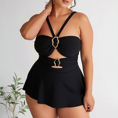 Women Halter Cutout 2-Piece Skirted Tankini Metal Ring Tummy Control Bathing Suit