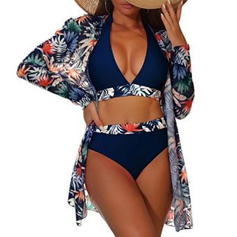 Women 3 pc Halter Bikini Set Tropical Print Trim High Waist Brief Long Sleeve Cover Up Kimono