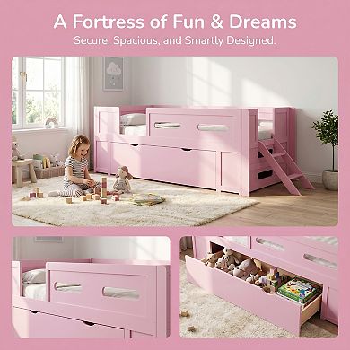 Wood Platform Bed with Guardrail, Drawer, Sturdy Pine Wood Construction, No Box Spring Needed
