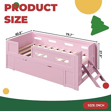 Wood Platform Bed with Guardrail, Drawer, Sturdy Pine Wood Construction, No Box Spring Needed