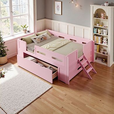 Wood Platform Bed with Guardrail, Drawer, Sturdy Pine Wood Construction, No Box Spring Needed