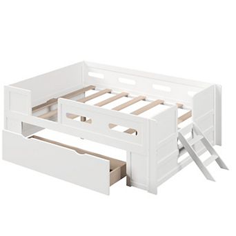 Wood Platform Bed with Guardrail, Drawer, Sturdy Pine Wood Construction, No Box Spring Needed
