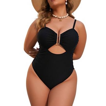 Women Spaghetti Strap Cutout One Piece Swimsuit Metal Ring Ruched Bust Tummy Control Bathing Suit