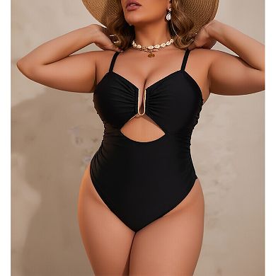 Women Spaghetti Strap Cutout One Piece Swimsuit Metal Ring Ruched Bust Tummy Control Bathing Suit