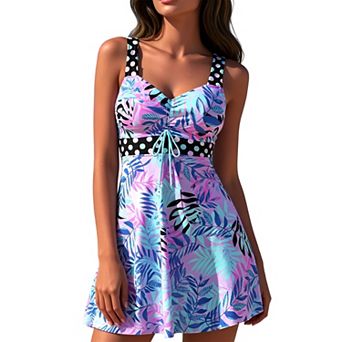 Women Polka Dot Trim Drawstring Bust 2 pc Tropical Leaf Print Flared Swim Dress Tankini