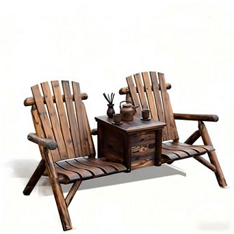 YIORTWO Wooden Adirondack Loveseat Chair with Built in Ice Bucket Table
