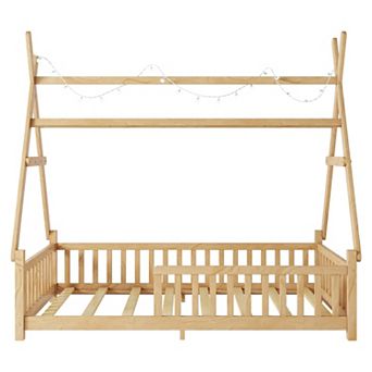 House Bed with LED Light, Low Profile Wooden Kids Bed with Roof, Fence, Guardrails, Removable Top