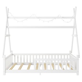 House Bed with LED Light, Low Profile Wooden Kids Bed with Roof, Fence, Guardrails, Removable Top