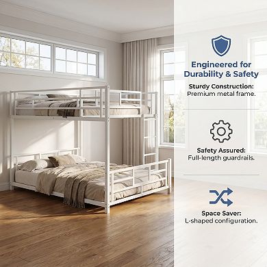 L-Shaped Metal Bunk Bed, Sturdy Frame, Space Saving Design, Guard Rails, No Box Spring Needed