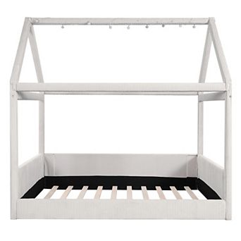 House Daybed with LED Light Strip, Solid Wood Upholstered Corduroy House Bed Frame for Kids