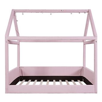 House Daybed with LED Light Strip, Solid Wood Upholstered Corduroy House Bed Frame for Kids