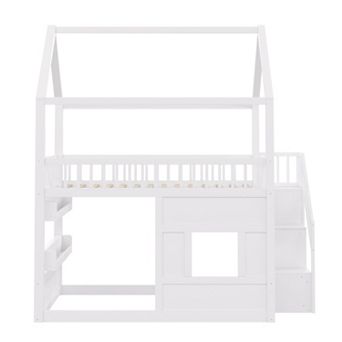 Wooden House Bed with Built-in LED Shelf Light, House-Shaped Frame, Safety Guardrails, Sturdy Ladder