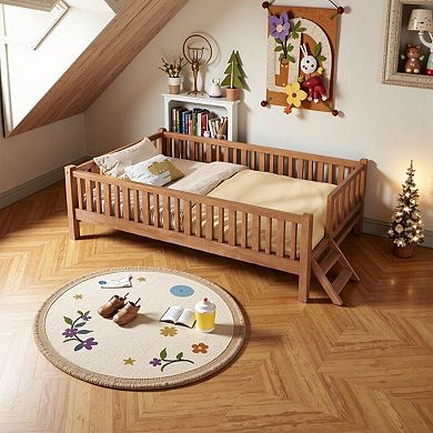 Wood Platform Bed with Guardrail, Solid Wood Construction, No Box Spring Needed, Low Profile Design