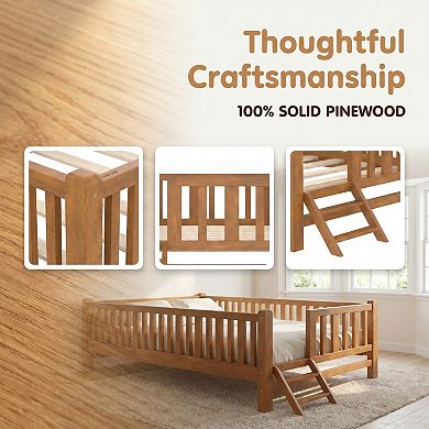 Wood Platform Bed with Guardrail, Solid Wood Construction, No Box Spring Needed, Low Profile Design