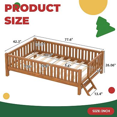 Wood Platform Bed with Guardrail, Solid Wood Construction, No Box Spring Needed, Low Profile Design