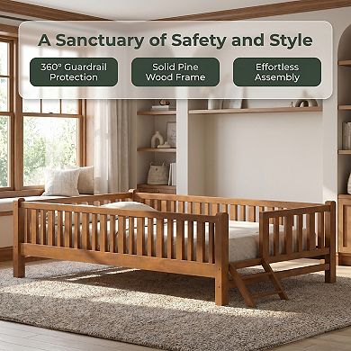 Wood Platform Bed with Guardrail, Solid Wood Construction, No Box Spring Needed, Low Profile Design