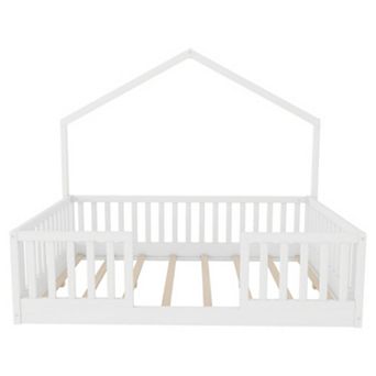 Wooden Montessori Floor Bed with High Rails, LED Light, Low Profile Design for Kids, Boys and Girls