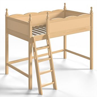 Solid Wood Loft Bed with Full-Length Guardrails, Built-In Ladder, Spacious Under-Bed Storage Space