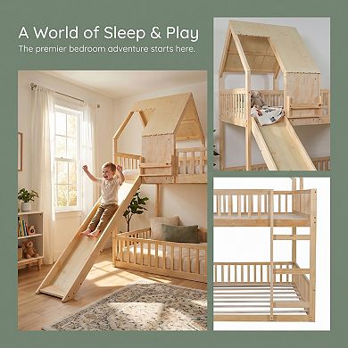 Wood Bunk Bed Frame with Slide, Built in Ladder, House Design, Solid Wood Construction for Kids
