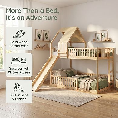 Wood Bunk Bed Frame with Slide, Built in Ladder, House Design, Solid Wood Construction for Kids