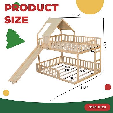 Wood Bunk Bed Frame with Slide, Built in Ladder, House Design, Solid Wood Construction for Kids