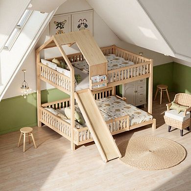 Wood Bunk Bed Frame with Slide, Built in Ladder, House Design, Solid Wood Construction for Kids