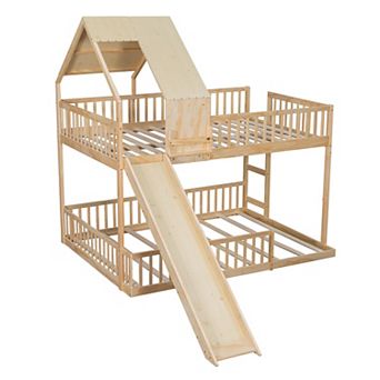 Wood Bunk Bed Frame with Slide, Built in Ladder, House Design, Solid Wood Construction for Kids