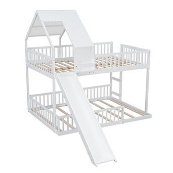 Wood Bunk Bed Frame with Slide, Built in Ladder, House Design, Solid Wood Construction for Kids