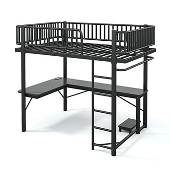 Metal Loft Bed with L-Shaped Desk, LED Light Strip, Charge Station, Computer Tray, Hanging Area