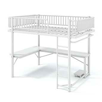 Metal Loft Bed with L-Shaped Desk, LED Light Strip, Charge Station, Computer Tray, Hanging Area
