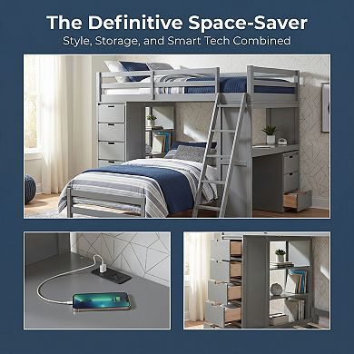 Bunk Bed with LED Light, USB Ports, Drawers, Shelves and Desk, Solid Wood Construction