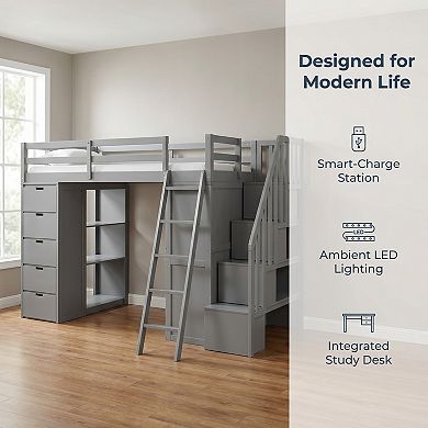 Bunk Bed with LED Light, USB Ports, Drawers, Shelves and Desk, Solid Wood Construction