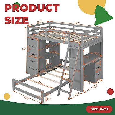 Bunk Bed with LED Light, USB Ports, Drawers, Shelves and Desk, Solid Wood Construction