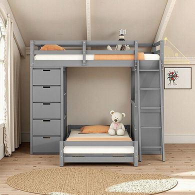Bunk Bed with LED Light, USB Ports, Drawers, Shelves and Desk, Solid Wood Construction