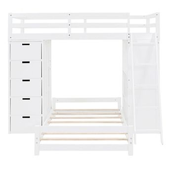 Bunk Bed with LED Light, USB Ports, Drawers, Shelves and Desk, Solid Wood Construction