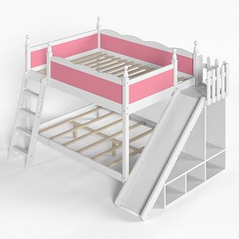 Solid Wood Bunk Bed with Slide, Storage Shelves, Ladders, Low Profile Design for Kids Bedroom