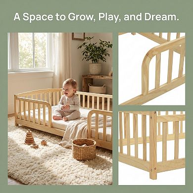 Pine Wood Floor Bed with Central Entrance, Guardrails, Sturdy Kids Transition Bed, Easy Assembly