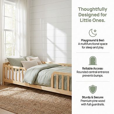 Pine Wood Floor Bed with Central Entrance, Guardrails, Sturdy Kids Transition Bed, Easy Assembly