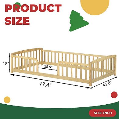 Pine Wood Floor Bed with Central Entrance, Guardrails, Sturdy Kids Transition Bed, Easy Assembly