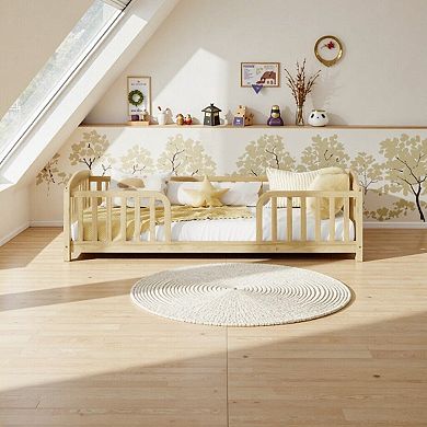 Pine Wood Floor Bed with Central Entrance, Guardrails, Sturdy Kids Transition Bed, Easy Assembly