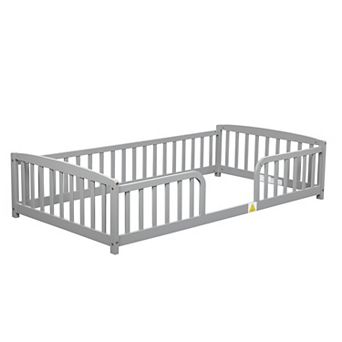 Pine Wood Floor Bed with Central Entrance, Guardrails, Sturdy Kids Transition Bed, Easy Assembly