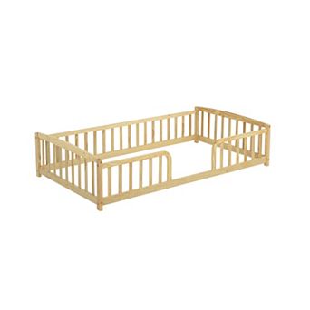 Pine Wood Floor Bed with Central Entrance, Guardrails, Sturdy Kids Transition Bed, Easy Assembly